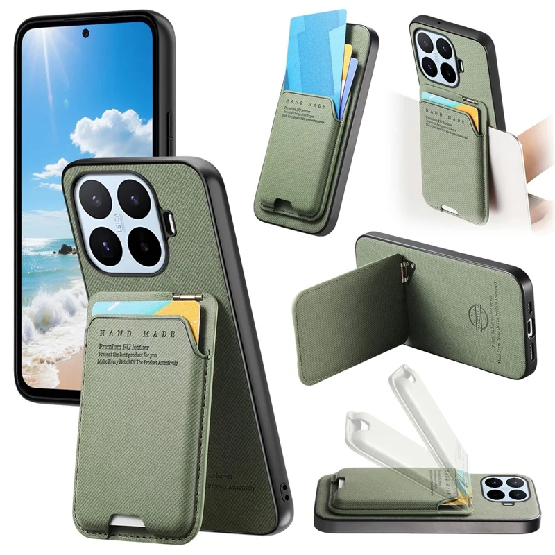 For Xiaomi 17T Pro Case Cloth Texture Leather + PC + TPU Phone Cover with Card Holder Kickstand - Green