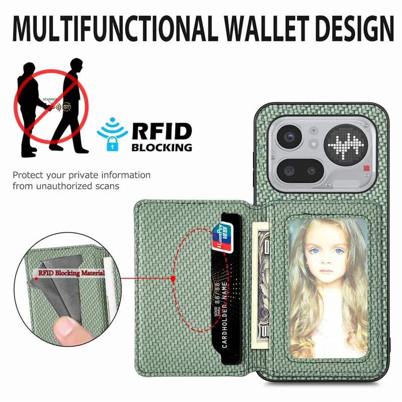 Чехол для Nothing Phone (4a) Pro с блокировкой RFID, из искусственной кожи с текстурой карбон, с держателем карт - Зеленый
