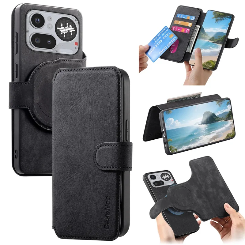 CASENEO MW-03 For Nothing Phone (4a) Pro Magnetic Case Detachable Leather Phone Wallet Cover - Black