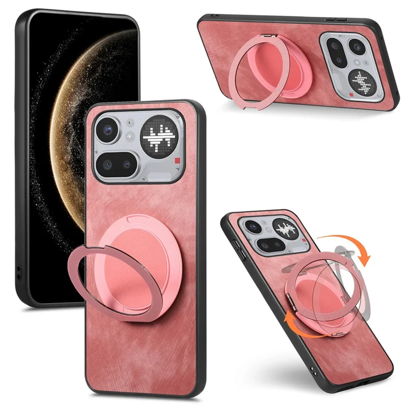 For Nothing Phone (4a) Pro Stress Relief Retro Leather Back Cover Phone Case with Rotating Kickstand - Pink