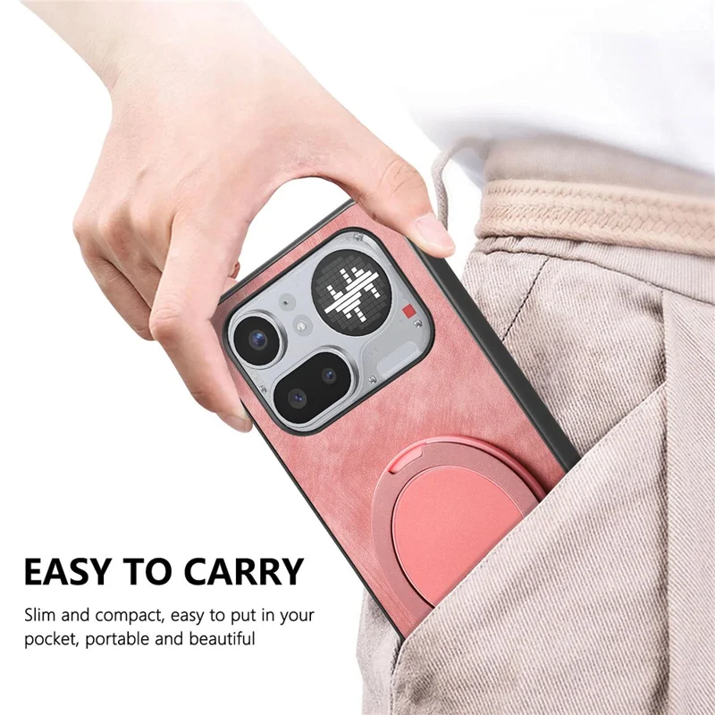 For Nothing Phone (4a) Pro Stress Relief Retro Leather Back Cover Phone Case with Rotating Kickstand - Pink