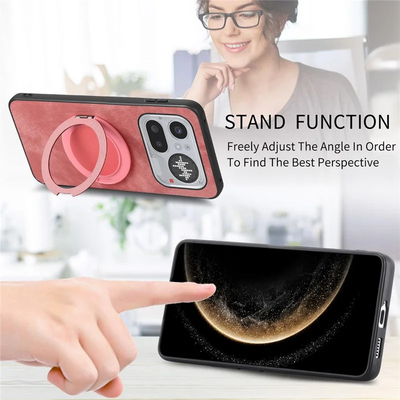 For Nothing Phone (4a) Pro Stress Relief Retro Leather Back Cover Phone Case with Rotating Kickstand - Pink