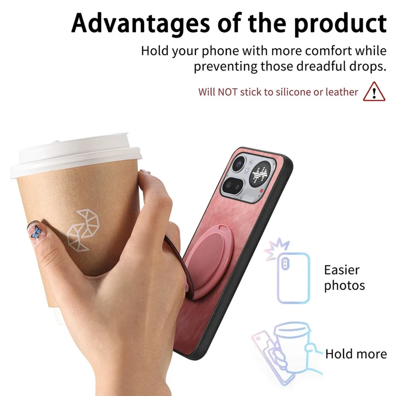 For Nothing Phone (4a) Pro Stress Relief Retro Leather Back Cover Phone Case with Rotating Kickstand - Pink