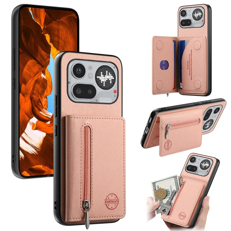 For Nothing Phone (4a) Pro Case Zipper Card Holder Kickstand Jeans Cloth Texture Leather Back Cover - Pink