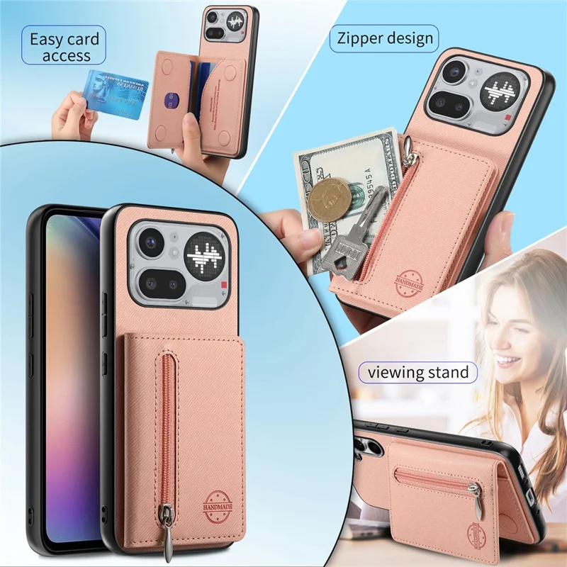 For Nothing Phone (4a) Pro Case Zipper Card Holder Kickstand Jeans Cloth Texture Leather Back Cover - Pink