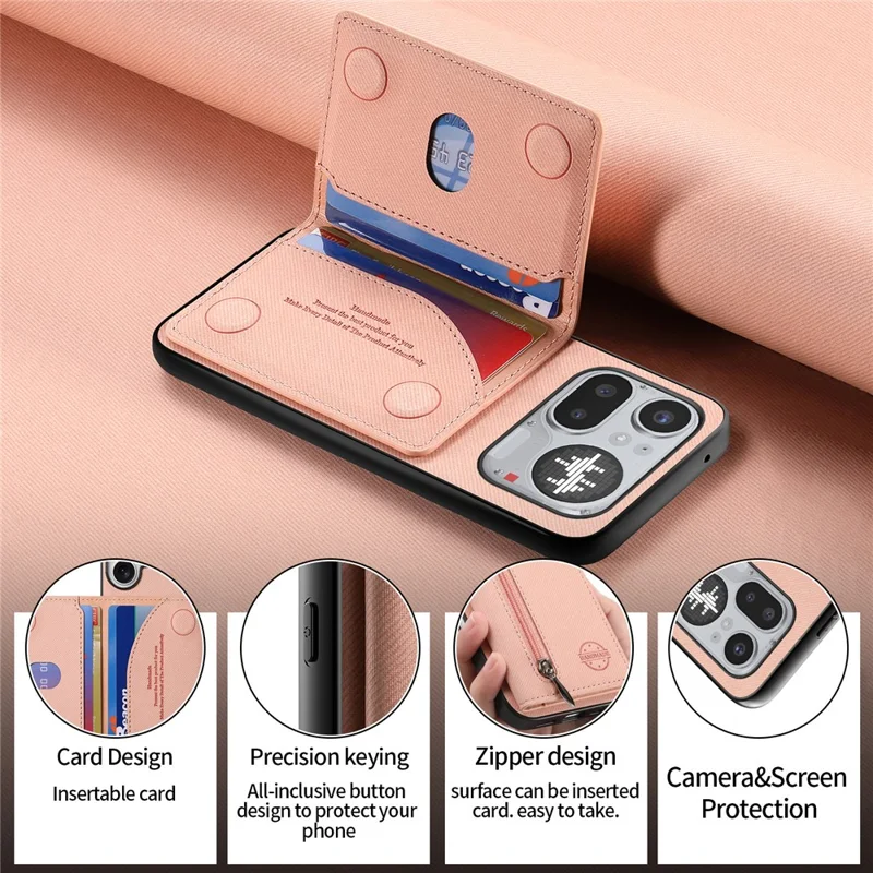 For Nothing Phone (4a) Pro Case Zipper Card Holder Kickstand Jeans Cloth Texture Leather Back Cover - Pink