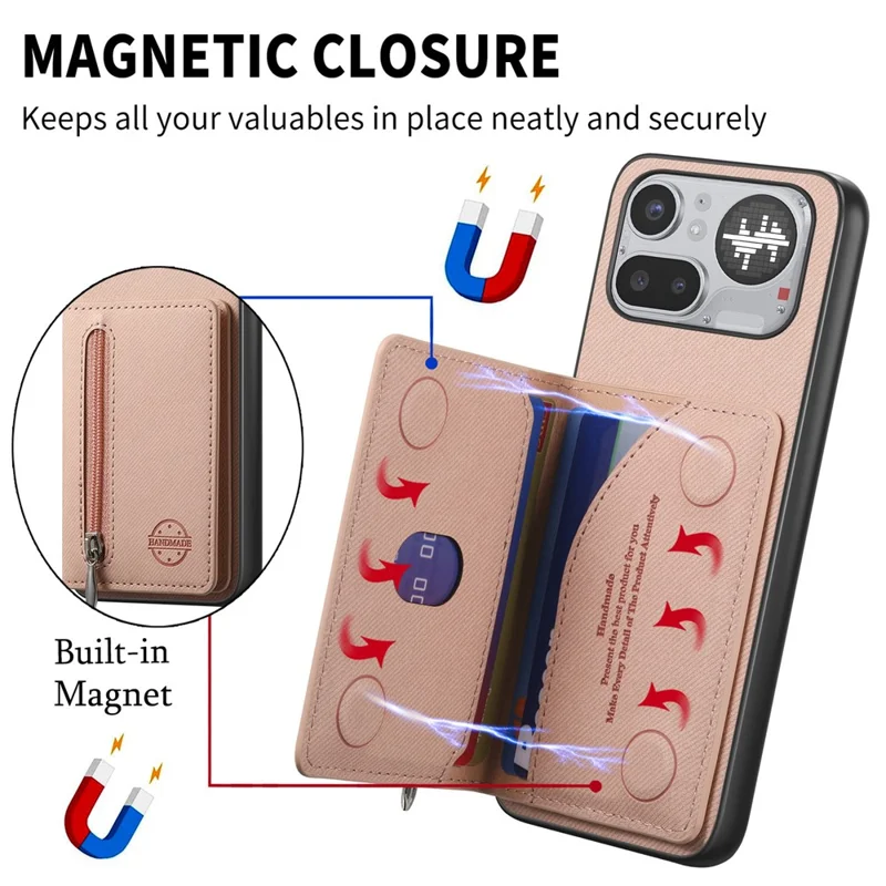 For Nothing Phone (4a) Pro Case Zipper Card Holder Kickstand Jeans Cloth Texture Leather Back Cover - Pink