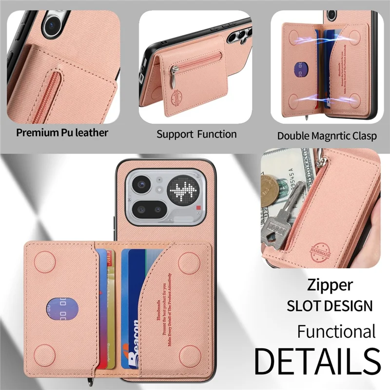 For Nothing Phone (4a) Pro Case Zipper Card Holder Kickstand Jeans Cloth Texture Leather Back Cover - Pink