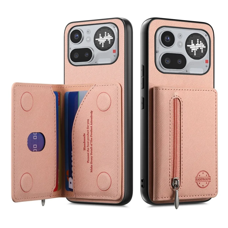 For Nothing Phone (4a) Pro Case Zipper Card Holder Kickstand Jeans Cloth Texture Leather Back Cover - Pink