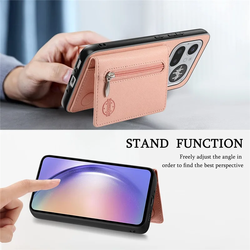 For Nothing Phone (4a) Pro Case Zipper Card Holder Kickstand Jeans Cloth Texture Leather Back Cover - Pink
