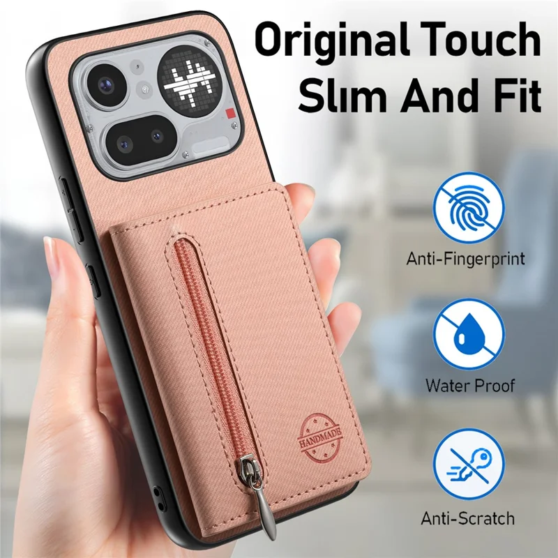 For Nothing Phone (4a) Pro Case Zipper Card Holder Kickstand Jeans Cloth Texture Leather Back Cover - Pink