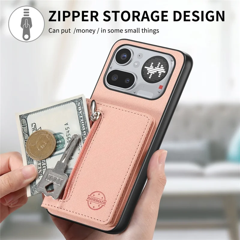 For Nothing Phone (4a) Pro Case Zipper Card Holder Kickstand Jeans Cloth Texture Leather Back Cover - Pink