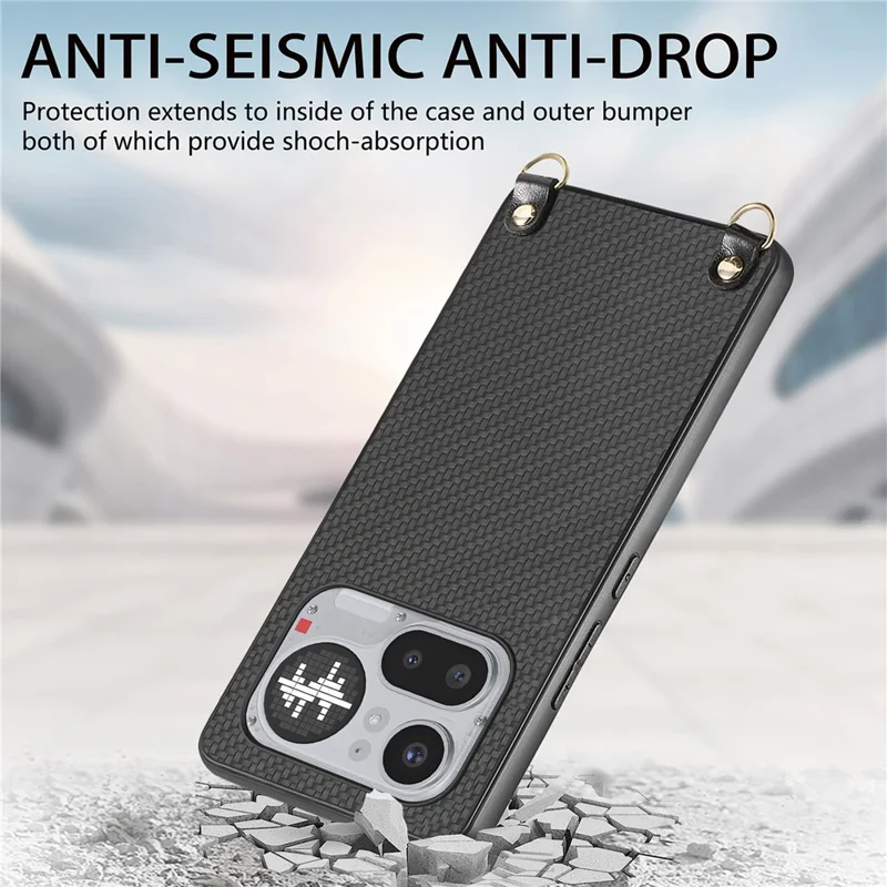 Fodral för Nothing Phone (4a) Pro med kolfiberstruktur Hybrid mobilhylsa med justerbar band - Svart