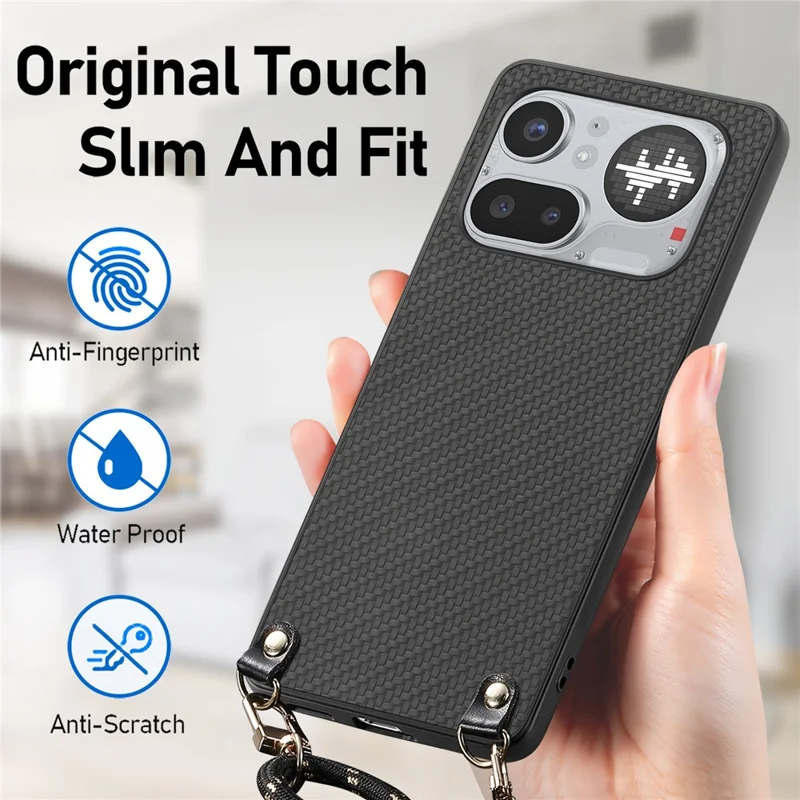 Fodral för Nothing Phone (4a) Pro med kolfiberstruktur Hybrid mobilhylsa med justerbar band - Svart