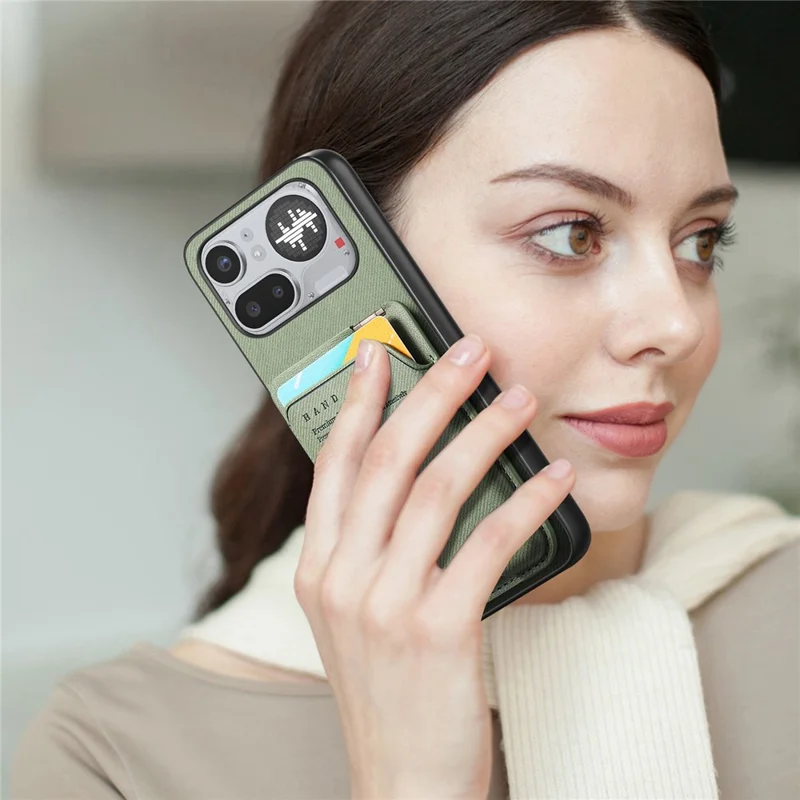 För Nothing Phone (4a) Pro-hölje med tygstruktur, läder + PC + TPU mobilhölje med kortficka och stöd - Grön