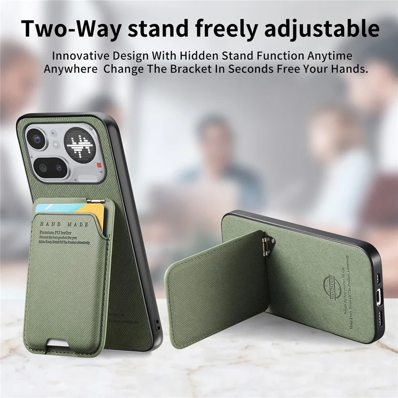 För Nothing Phone (4a) Pro-hölje med tygstruktur, läder + PC + TPU mobilhölje med kortficka och stöd - Grön
