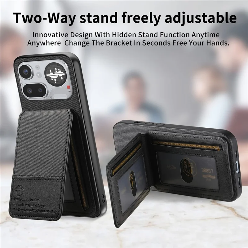 Fodral för Nothing Phone (4a) Pro, klädesstruktur av läder + PC + TPU med RFID-blokkering och kortfack - Svart