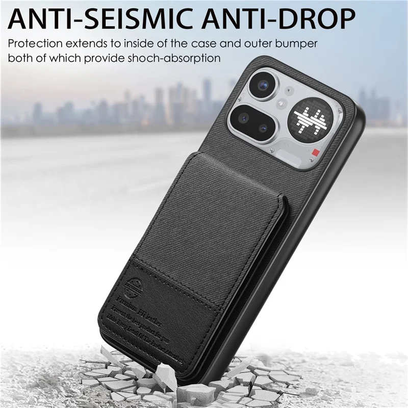 Fodral för Nothing Phone (4a) Pro, klädesstruktur av läder + PC + TPU med RFID-blokkering och kortfack - Svart