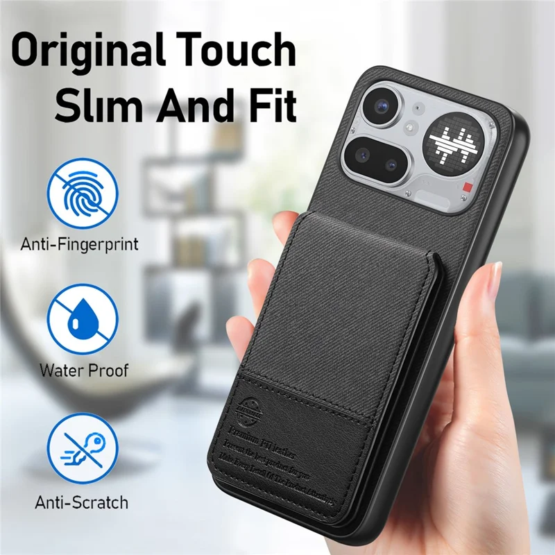 Fodral för Nothing Phone (4a) Pro, klädesstruktur av läder + PC + TPU med RFID-blokkering och kortfack - Svart