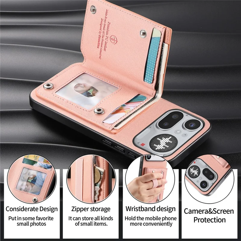 For Nothing Phone (4a) Pro Case RFID Blocking Card Holder Jeans Cloth Texture Leather Back Cover with Elastic Wristband - Pink