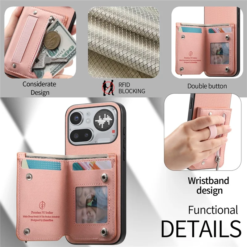 For Nothing Phone (4a) Pro Case RFID Blocking Card Holder Jeans Cloth Texture Leather Back Cover with Elastic Wristband - Pink