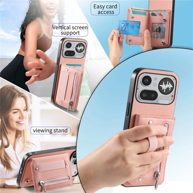 For Nothing Phone (4a) Pro Case RFID Blocking Card Holder Jeans Cloth Texture Leather Back Cover with Elastic Wristband - Pink