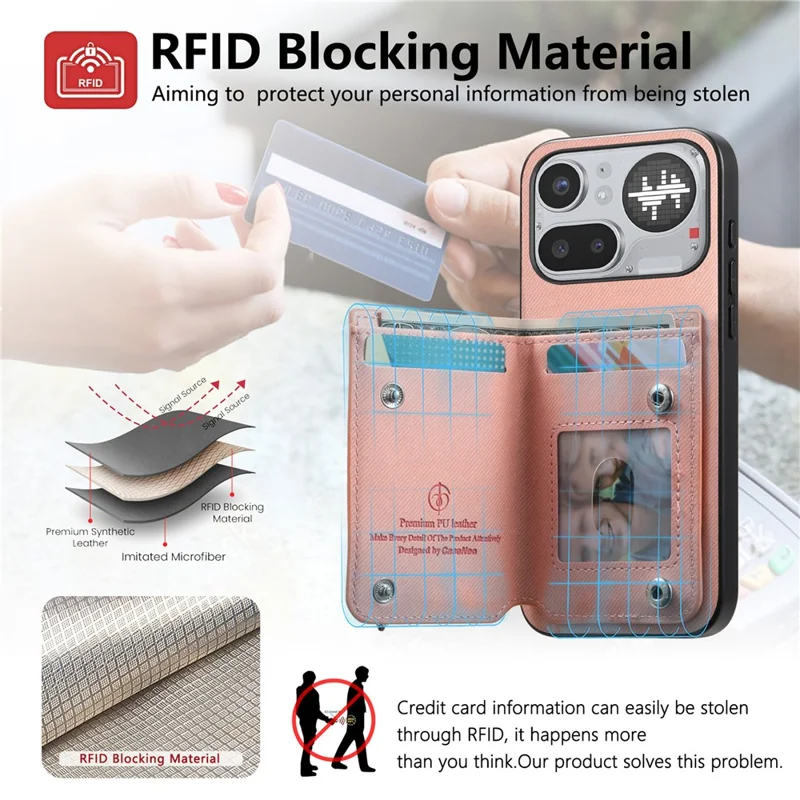 For Nothing Phone (4a) Pro Case RFID Blocking Card Holder Jeans Cloth Texture Leather Back Cover with Elastic Wristband - Pink