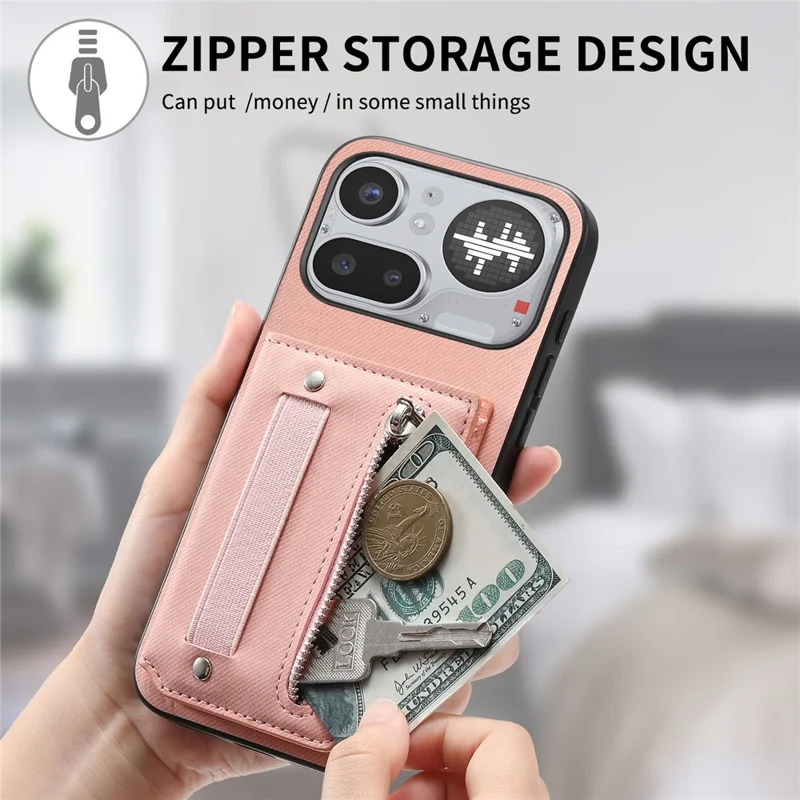 For Nothing Phone (4a) Pro Case RFID Blocking Card Holder Jeans Cloth Texture Leather Back Cover with Elastic Wristband - Pink