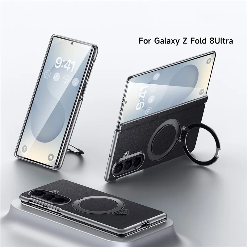 For Samsung Galaxy Z Fold8 Ultra Magnetic Case Genuine Cow Leather + PC Kickstand Phone Cover - Black
