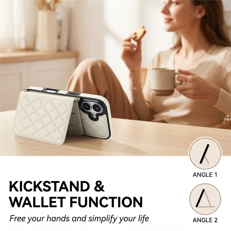 For iPhone 17 Magnetic Case Detachable Card Holder Kickstand PU Leather Phone Back Cover with Wrist Strap + Long Strap - White