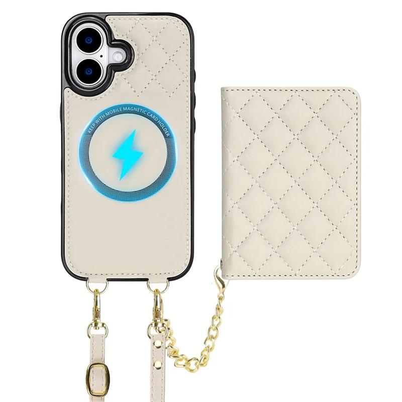 For iPhone 17 Magnetic Case Detachable Card Holder Kickstand PU Leather Phone Back Cover with Wrist Strap + Long Strap - White