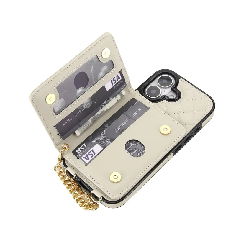 For iPhone 17 Magnetic Case Detachable Card Holder Kickstand PU Leather Phone Back Cover with Wrist Strap + Long Strap - White