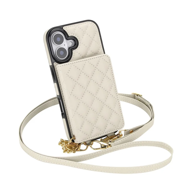 For iPhone 17 Magnetic Case Detachable Card Holder Kickstand PU Leather Phone Back Cover with Wrist Strap + Long Strap - White