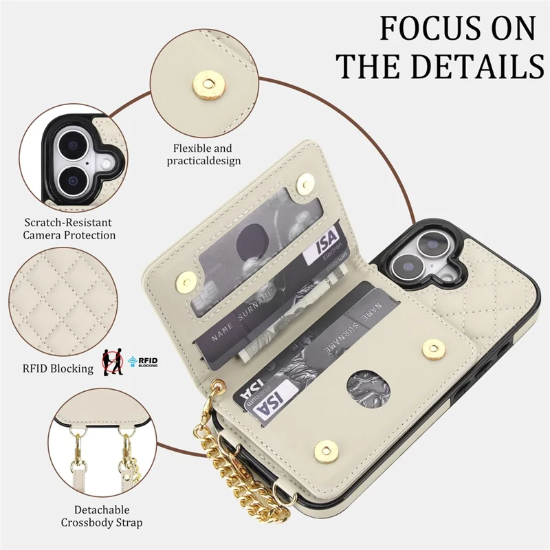 For iPhone 17 Magnetic Case Detachable Card Holder Kickstand PU Leather Phone Back Cover with Wrist Strap + Long Strap - White