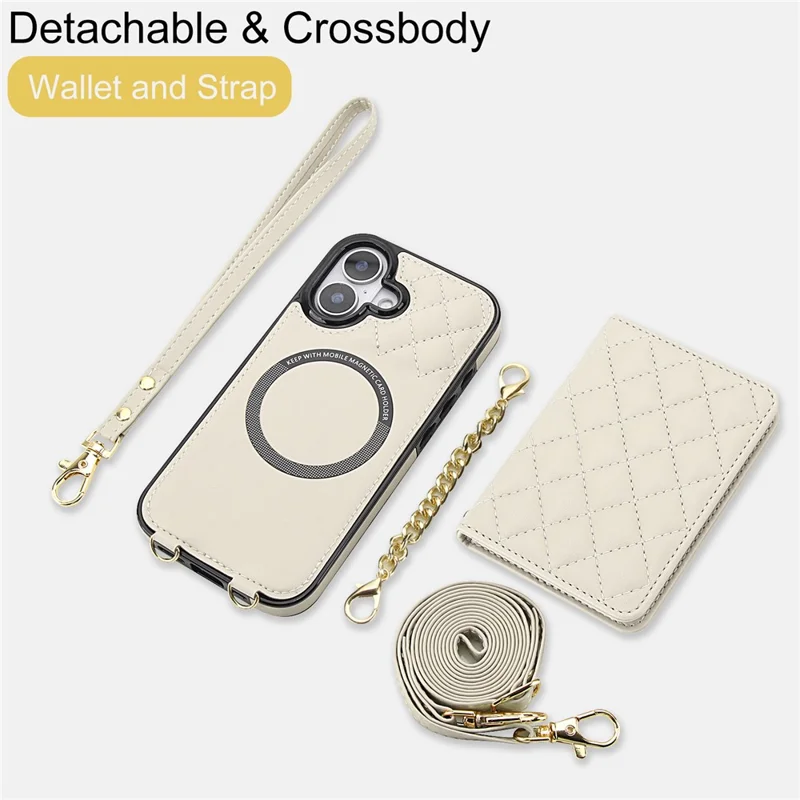 For iPhone 17 Magnetic Case Detachable Card Holder Kickstand PU Leather Phone Back Cover with Wrist Strap + Long Strap - White