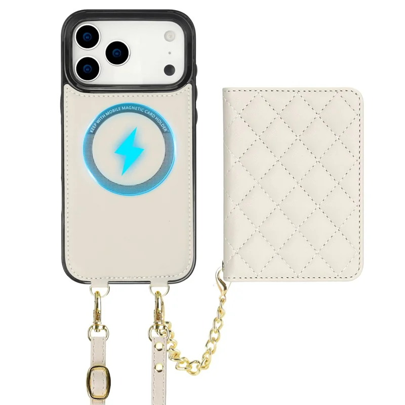 For iPhone 17 Pro Max Magnetic Case Detachable Card Holder Kickstand PU Leather Phone Back Cover with Wrist Strap + Long Strap - White