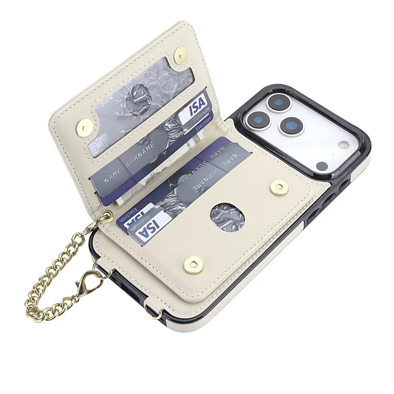For iPhone 17 Pro Max Magnetic Case Detachable Card Holder Kickstand PU Leather Phone Back Cover with Wrist Strap + Long Strap - White