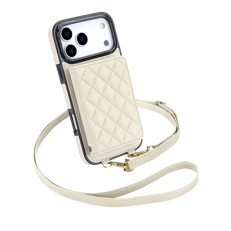 For iPhone 17 Pro Max Magnetic Case Detachable Card Holder Kickstand PU Leather Phone Back Cover with Wrist Strap + Long Strap - White