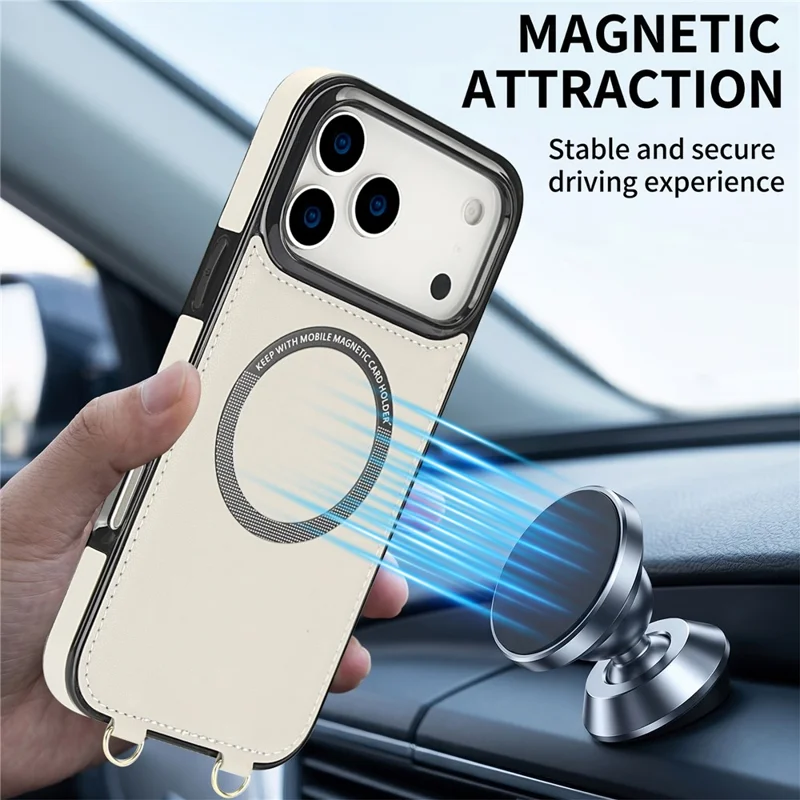 For iPhone 17 Pro Magnetic Case Detachable Card Holder Kickstand PU Leather Phone Back Cover with Wrist Strap + Long Strap - White