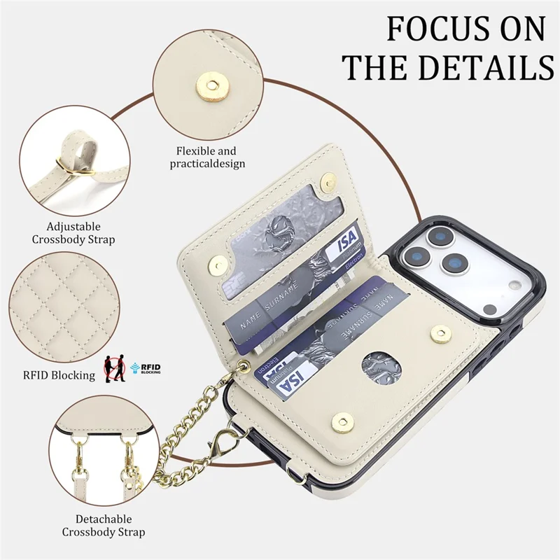 For iPhone 17 Pro Magnetic Case Detachable Card Holder Kickstand PU Leather Phone Back Cover with Wrist Strap + Long Strap - White