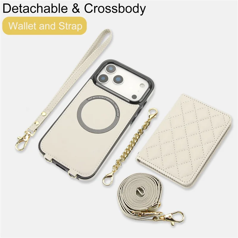 For iPhone 17 Pro Magnetic Case Detachable Card Holder Kickstand PU Leather Phone Back Cover with Wrist Strap + Long Strap - White