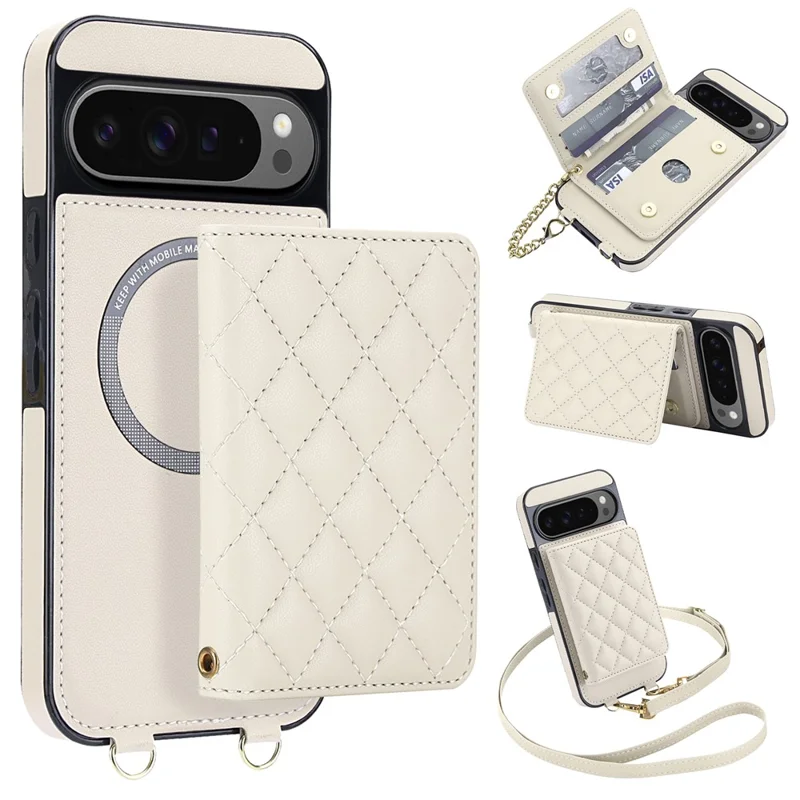 For Google Pixel 10 Pro XL Magnetic Case Detachable Card Holder Kickstand PU Leather Phone Back Cover with Wrist Strap + Long Strap - White