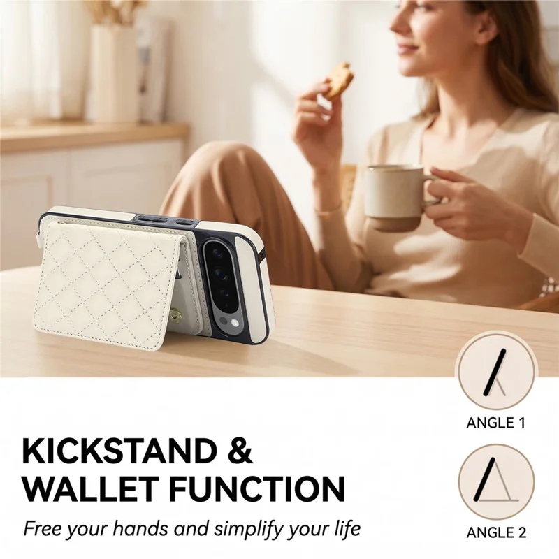 For Google Pixel 10 Pro XL Magnetic Case Detachable Card Holder Kickstand PU Leather Phone Back Cover with Wrist Strap + Long Strap - White