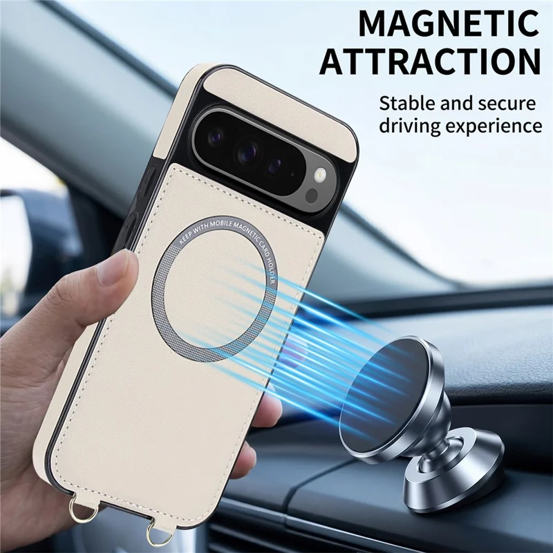 For Google Pixel 10 Pro XL Magnetic Case Detachable Card Holder Kickstand PU Leather Phone Back Cover with Wrist Strap + Long Strap - White