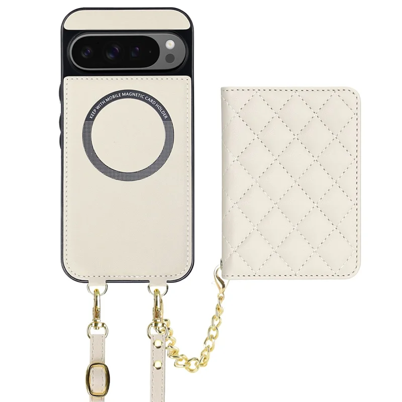 For Google Pixel 10 Pro XL Magnetic Case Detachable Card Holder Kickstand PU Leather Phone Back Cover with Wrist Strap + Long Strap - White