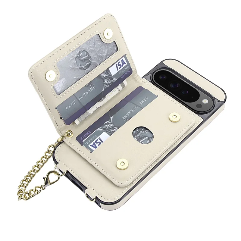 For Google Pixel 10 Pro XL Magnetic Case Detachable Card Holder Kickstand PU Leather Phone Back Cover with Wrist Strap + Long Strap - White