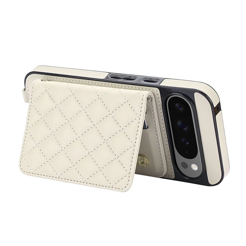For Google Pixel 10 Pro XL Magnetic Case Detachable Card Holder Kickstand PU Leather Phone Back Cover with Wrist Strap + Long Strap - White