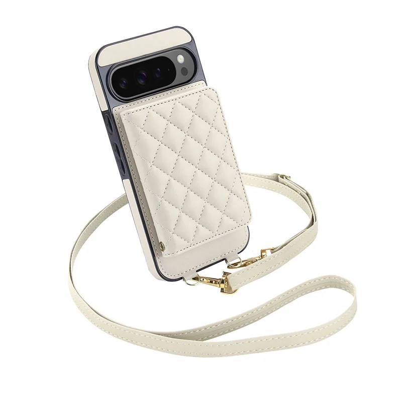 For Google Pixel 10 Pro XL Magnetic Case Detachable Card Holder Kickstand PU Leather Phone Back Cover with Wrist Strap + Long Strap - White
