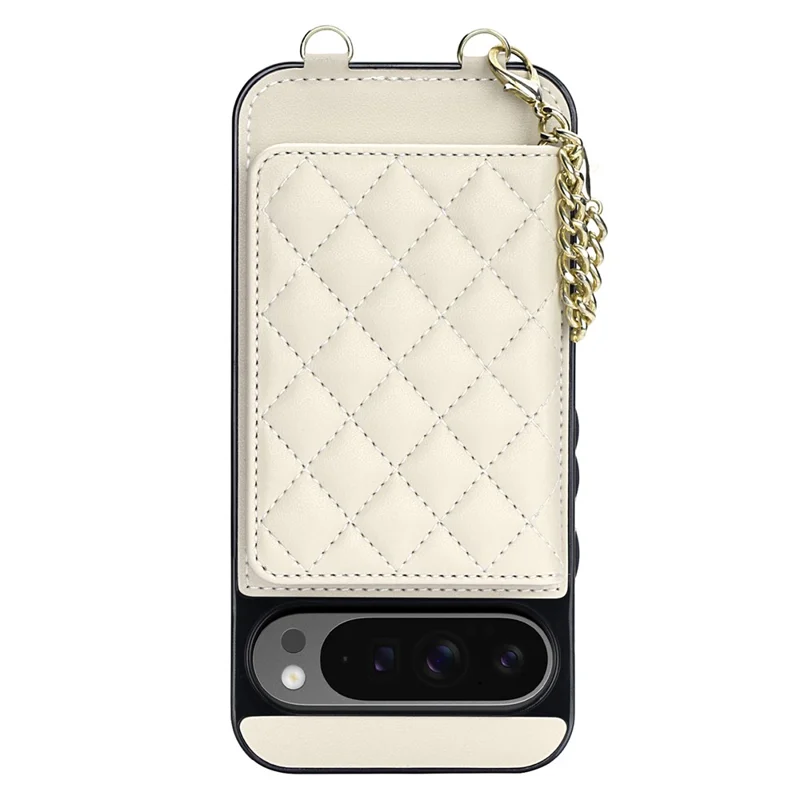 For Google Pixel 10 Pro XL Magnetic Case Detachable Card Holder Kickstand PU Leather Phone Back Cover with Wrist Strap + Long Strap - White