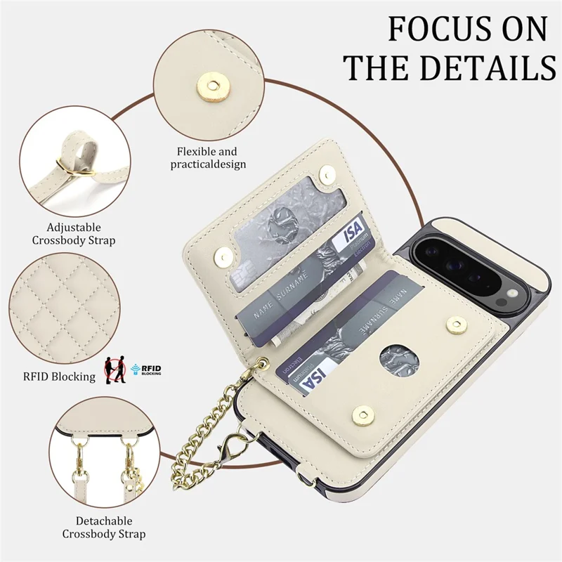 For Google Pixel 10 Pro XL Magnetic Case Detachable Card Holder Kickstand PU Leather Phone Back Cover with Wrist Strap + Long Strap - White